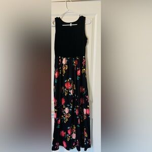 Black Floral Maxi Dress with Pink & Red Blooms